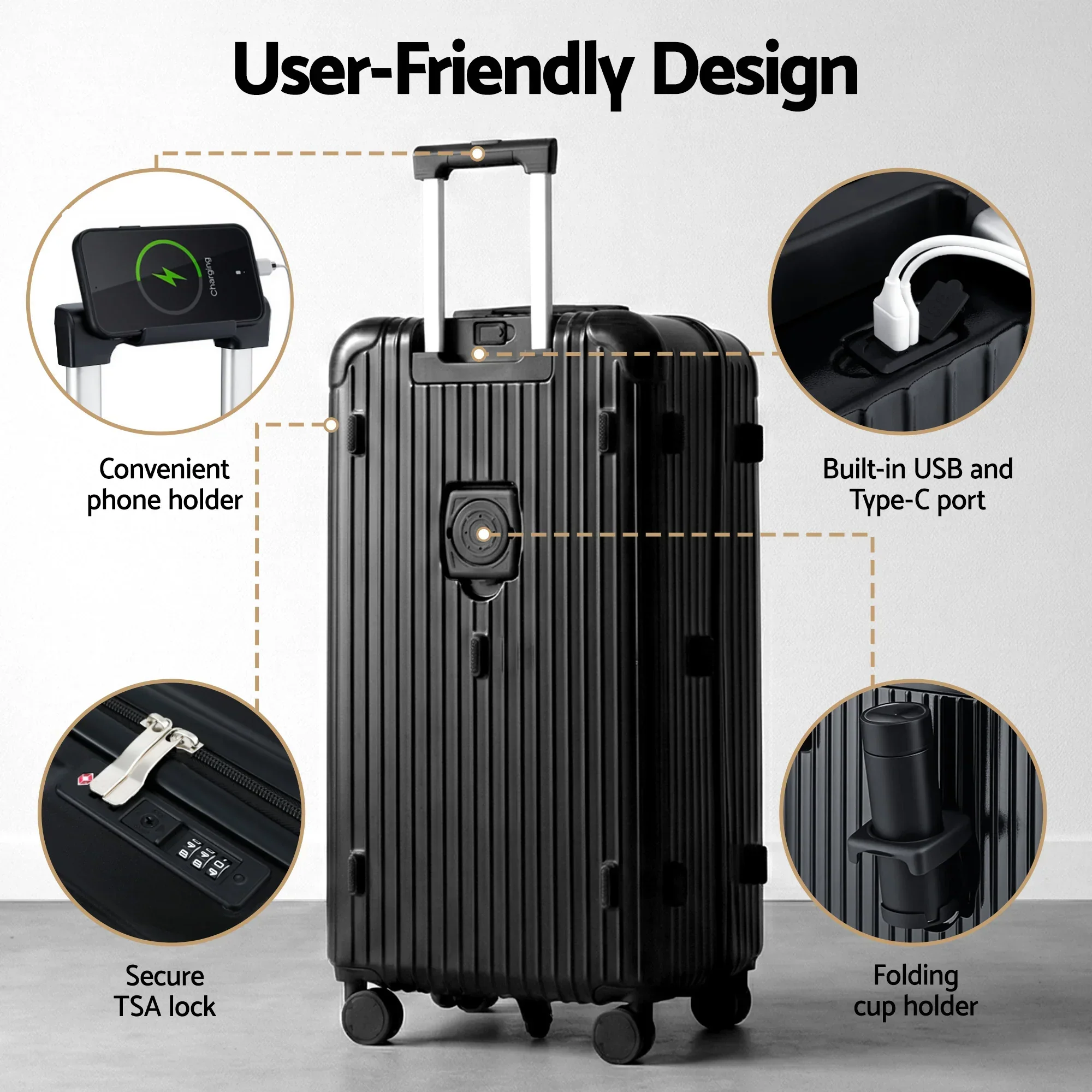 28" Trunk Luggage Suitcase Travel 5 Wheels Type-C Port TSA Black - Image 5