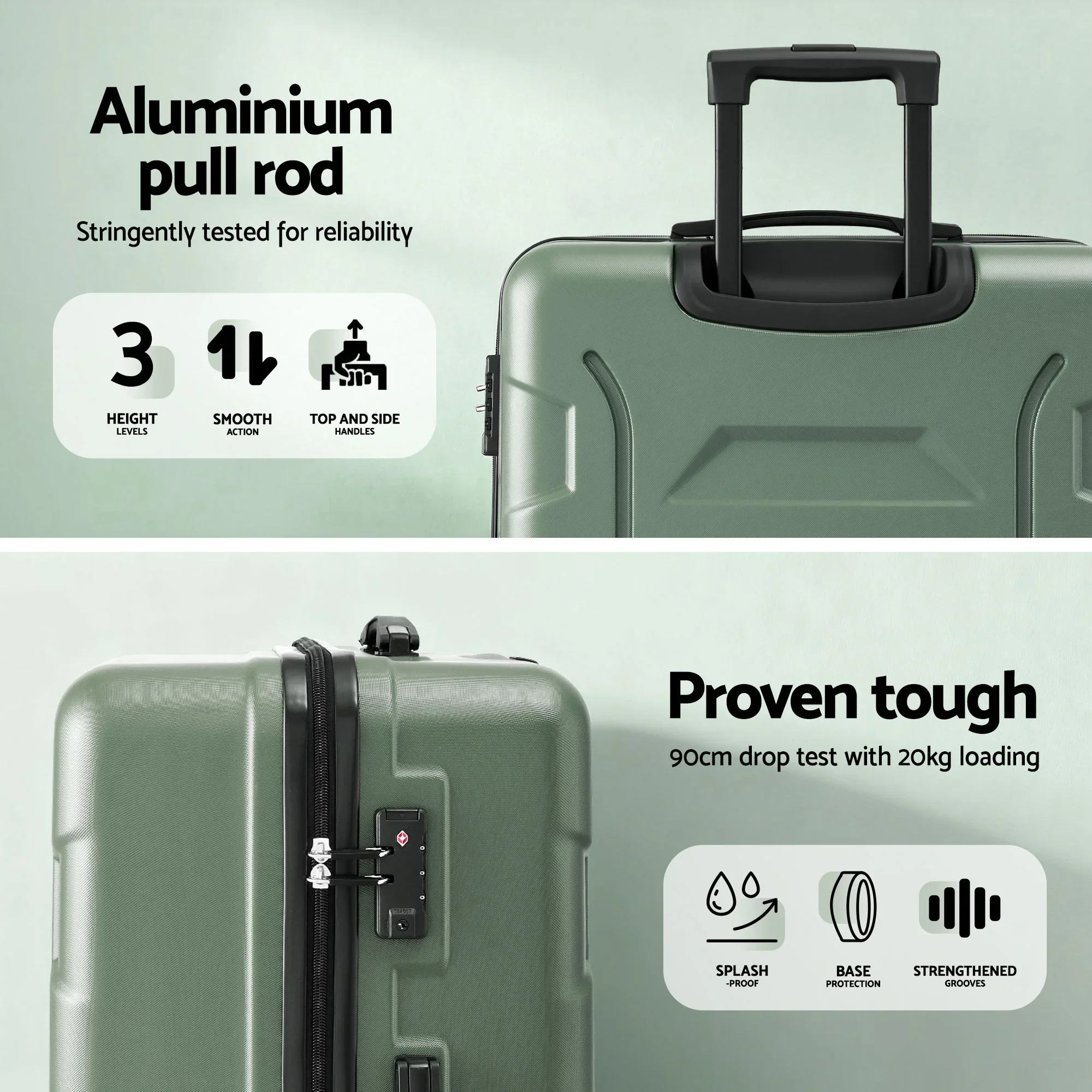 3pcs Luggage Suitcase Set Trolley Travel TSA Lightweight Hard Case Grey Green - Image 4