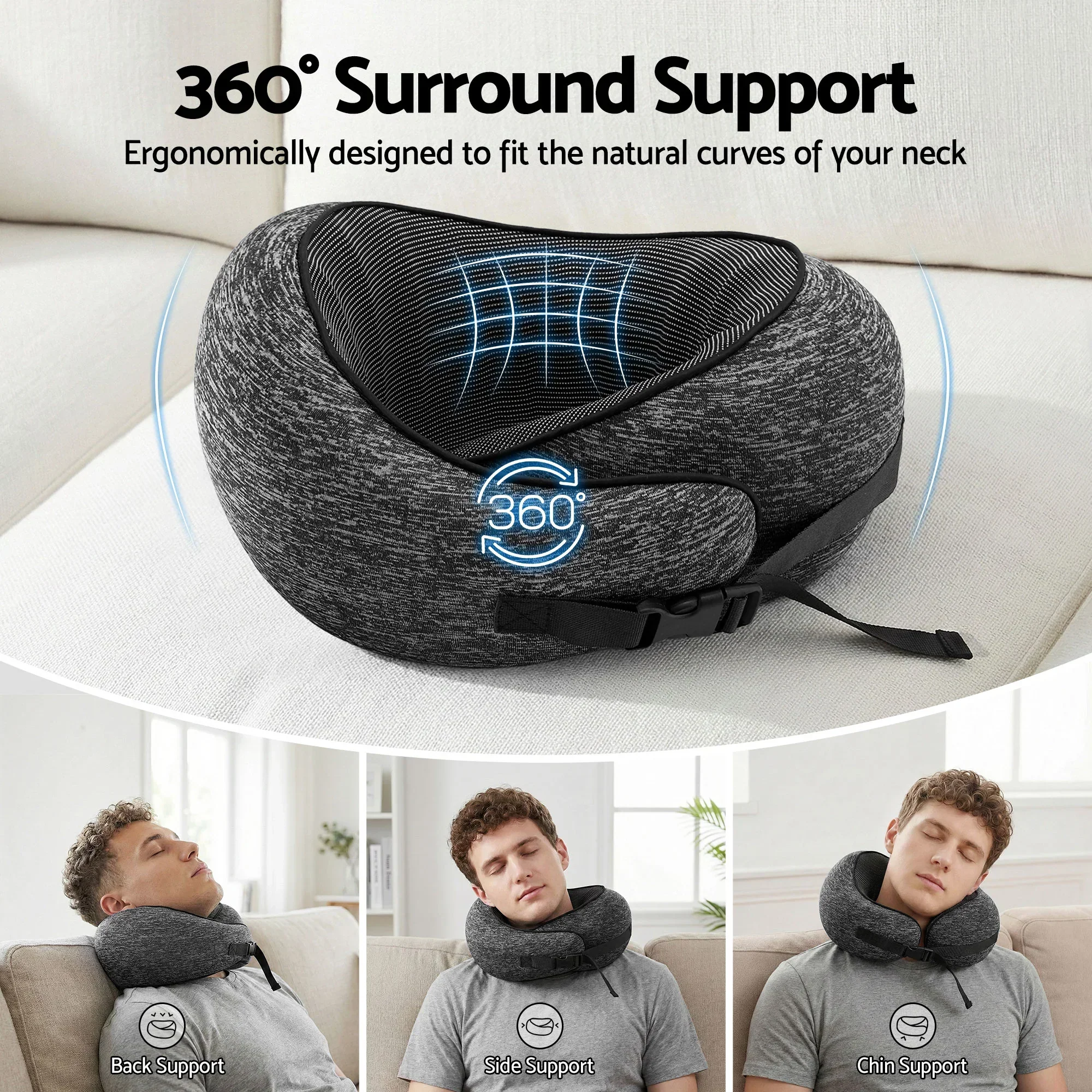 Travel Pillows for Airplanes Ergonomic Memory Foam Neck Pillow, Breathable & Washable Cover, Travel Bag Included, Airplane Pillow for Airplane, Car, Office and Home, Dark Grey - Image 4