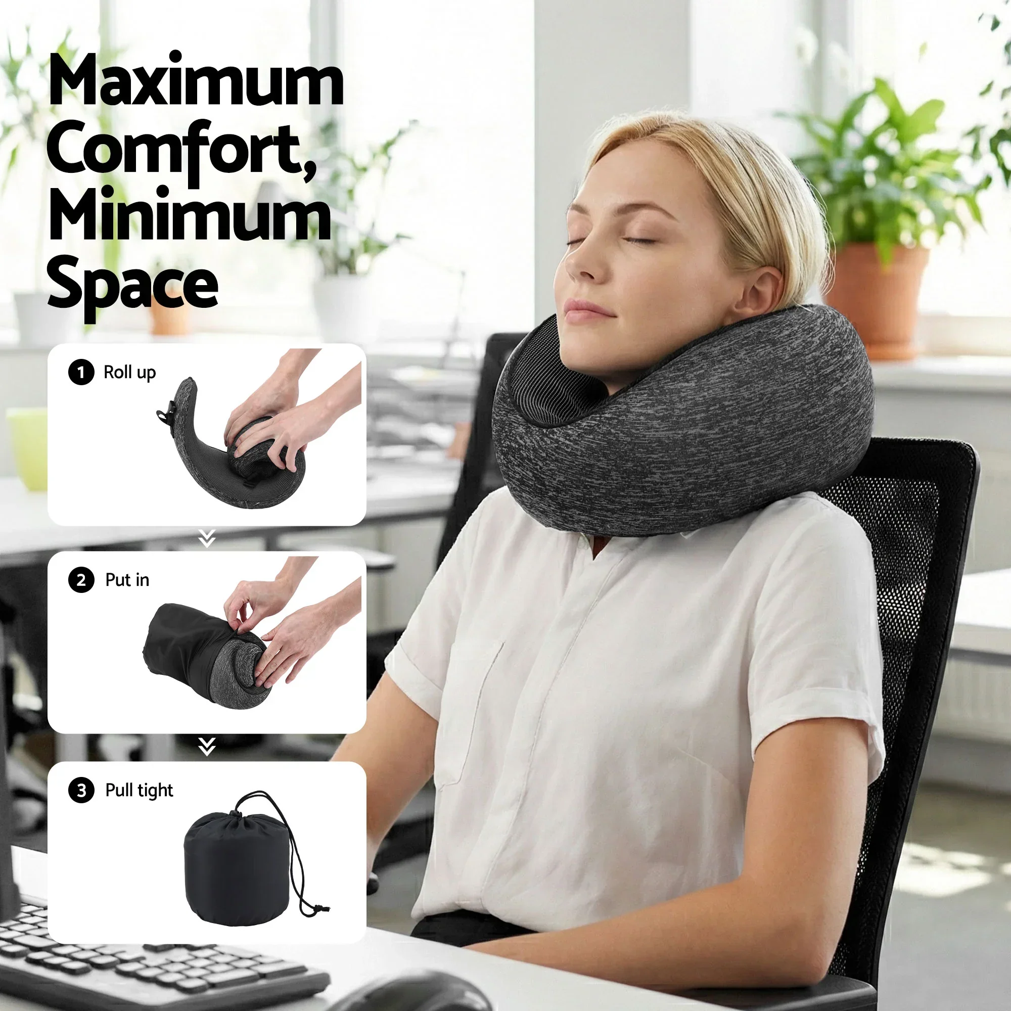 Travel Pillows for Airplanes Ergonomic Memory Foam Neck Pillow, Breathable & Washable Cover, Travel Bag Included, Airplane Pillow for Airplane, Car, Office and Home, Dark Grey - Image 6