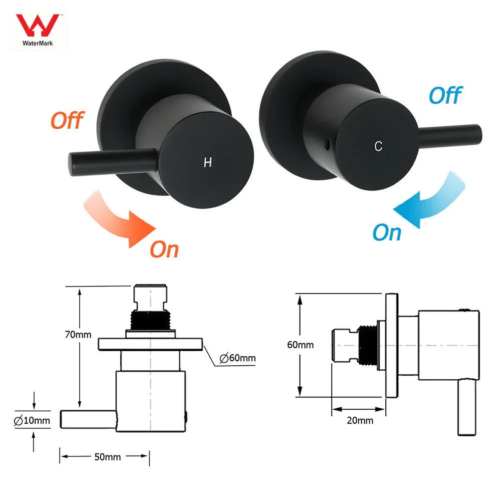 Watermark Black 1/4 Turn Twin Shower Taps Hot Cold Round Set Bath Vanity Mixer - Image 2