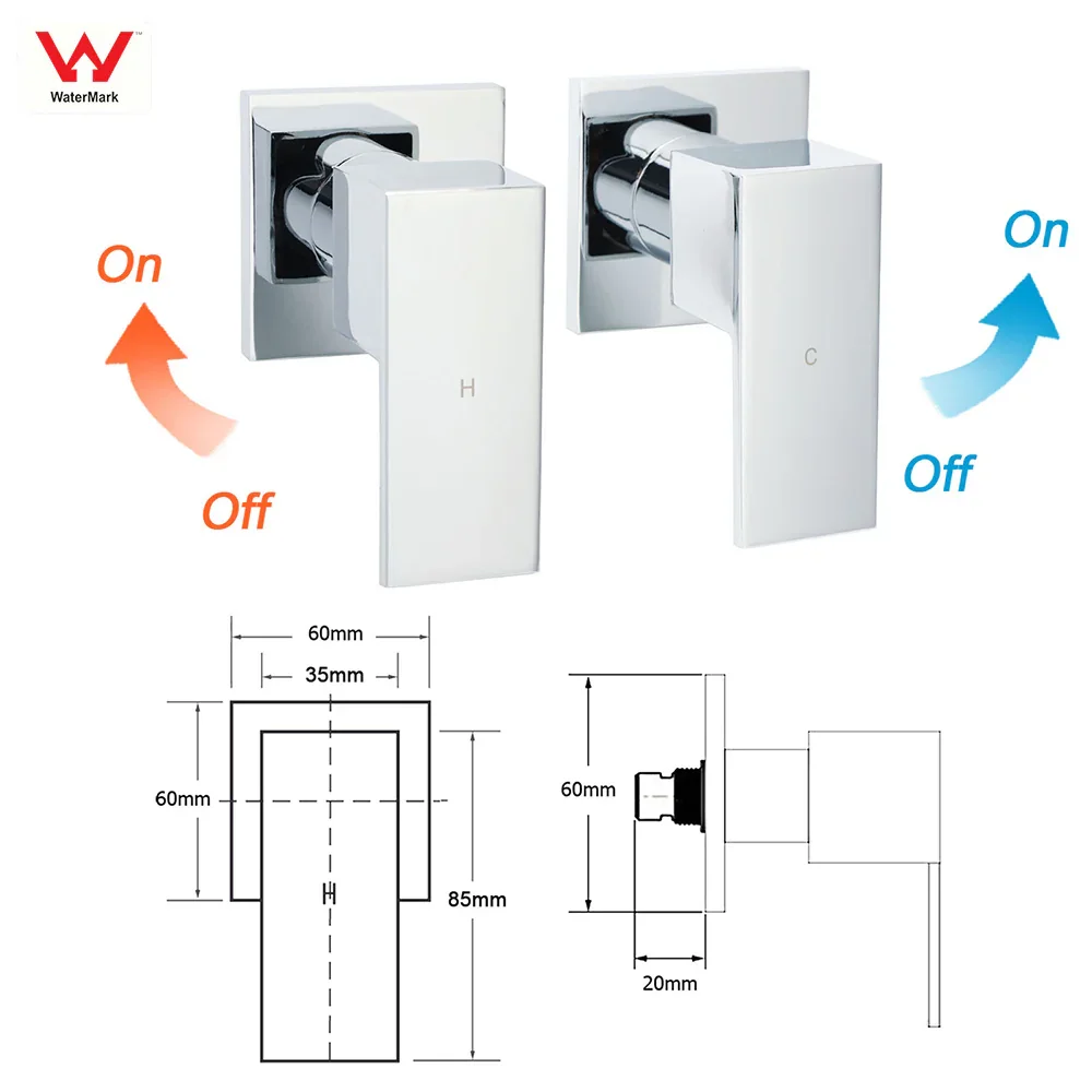 Watermark Chrome Square 1/4 Turn Wall Twin Taps Brass For Shower Head Vanity Basin Spout - Image 2
