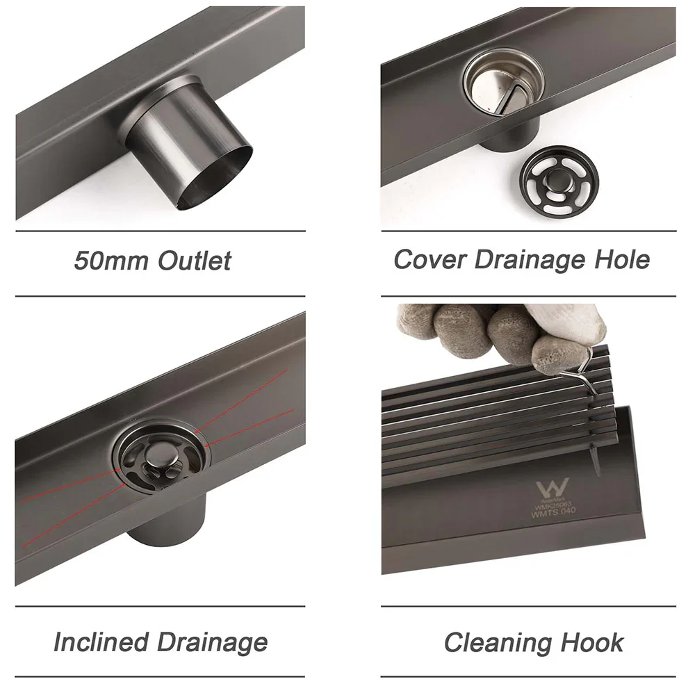 Watermark Gun Metal 800mm Strip Fence Linear Shower Grate Floor Drain 50mm Waste - Image 4