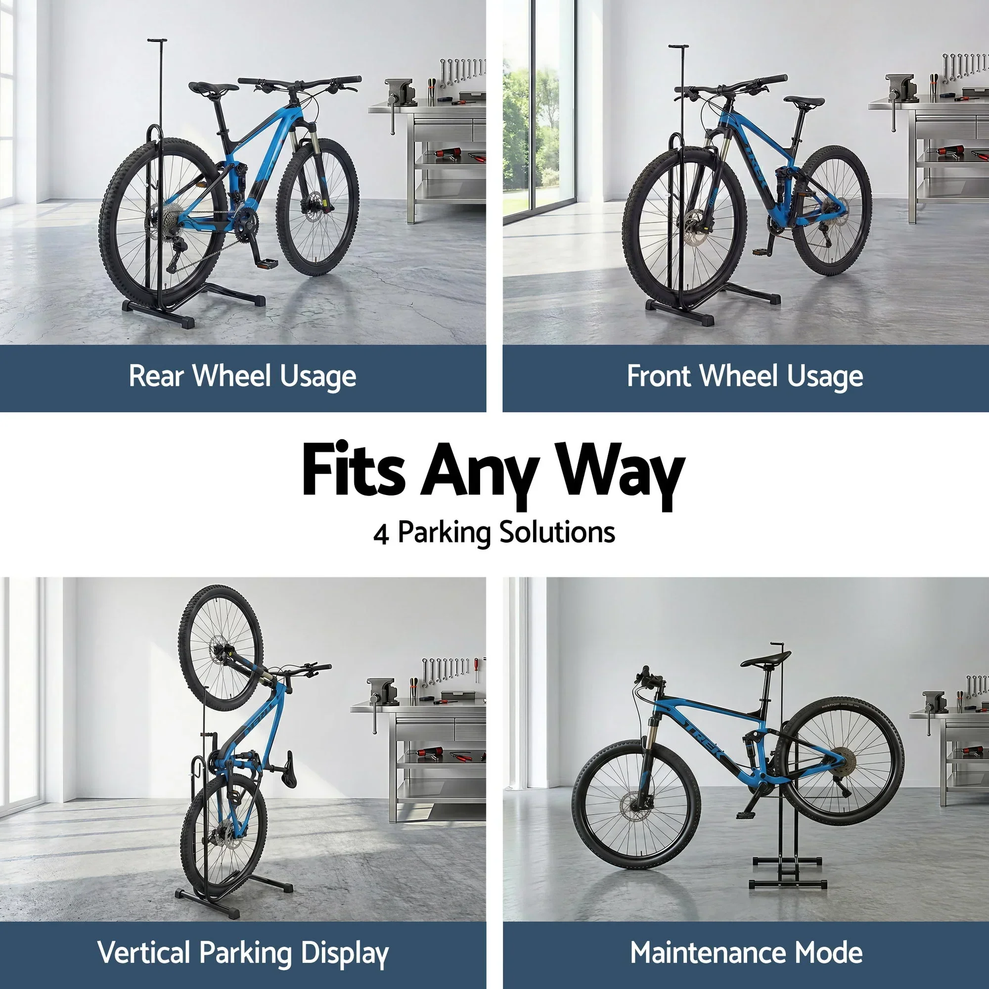 4-in-1 Bike Parking Stand Vertical Floor Storage Rack for 24"-27.5" Bicycles, Adjustable Height Repair Maintenance Stand, Stable Indoor Garage Space Saver with Non-slip Rubber Feet - Image 3
