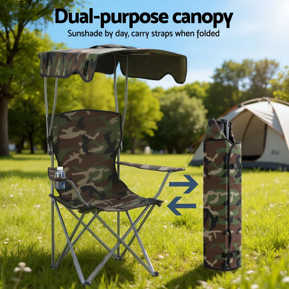 Camping Chair With Canopy Folding Outdoor Portable Seat Lightweight Beach Picnic Fishing Capacity 120KG Army Green - Image 5