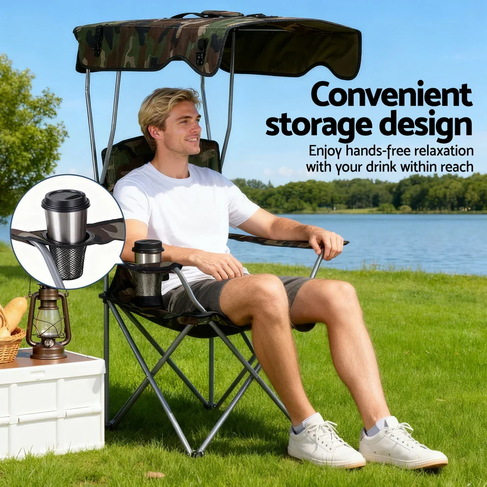 Camping Chair With Canopy Folding Outdoor Portable Seat Lightweight Beach Picnic Fishing Capacity 120KG Army Green - Image 7