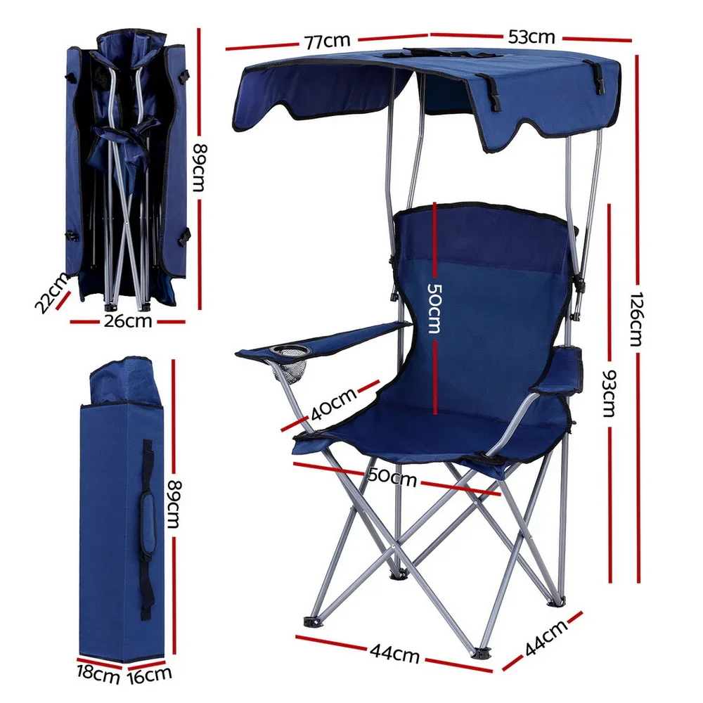 Camping Chair With Canopy Folding Outdoor Portable Seat Lightweight Beach Picnic Fishing Capacity 120KG Navy Blue - Image 3