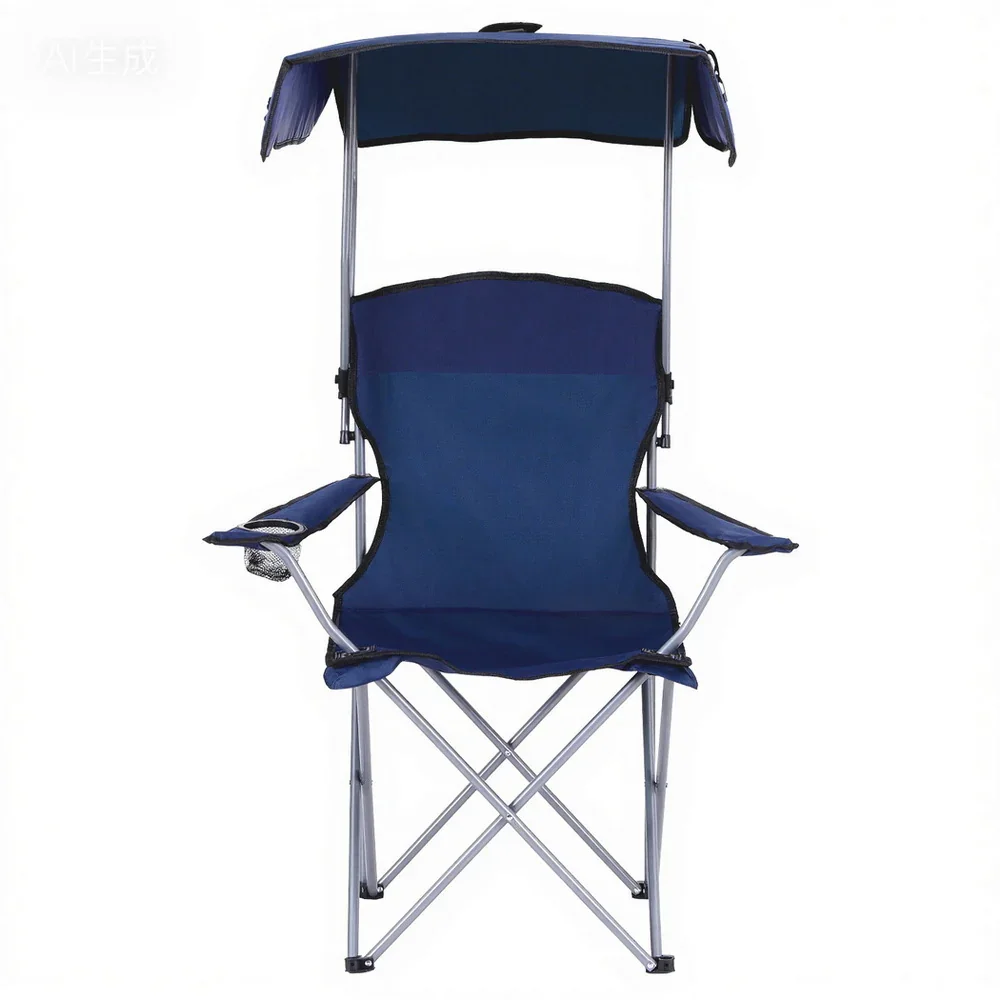 Camping Chair With Canopy Folding Outdoor Portable Seat Lightweight Beach Picnic Fishing Capacity 120KG Navy Blue - Image 4