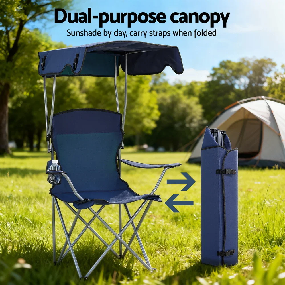 Camping Chair With Canopy Folding Outdoor Portable Seat Lightweight Beach Picnic Fishing Capacity 120KG Navy Blue - Image 5