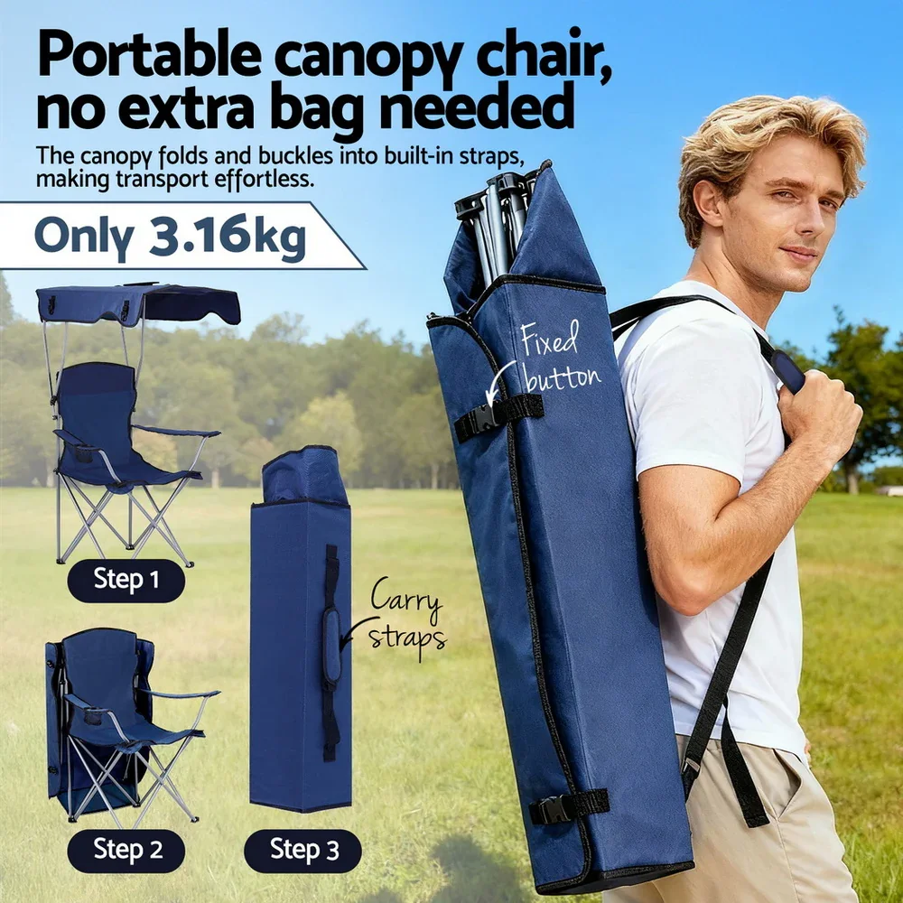 Camping Chair With Canopy Folding Outdoor Portable Seat Lightweight Beach Picnic Fishing Capacity 120KG Navy Blue - Image 6