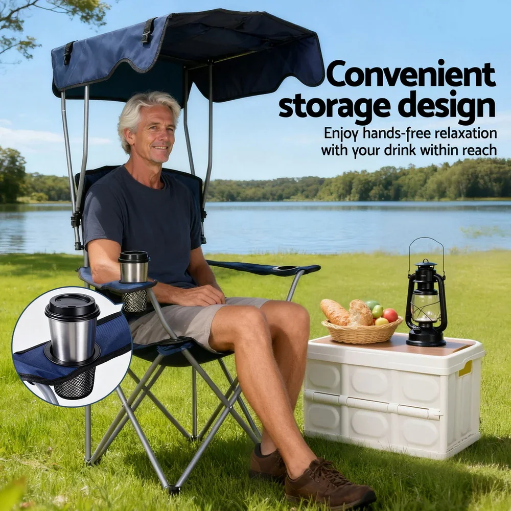 Camping Chair With Canopy Folding Outdoor Portable Seat Lightweight Beach Picnic Fishing Capacity 120KG Navy Blue - Image 7