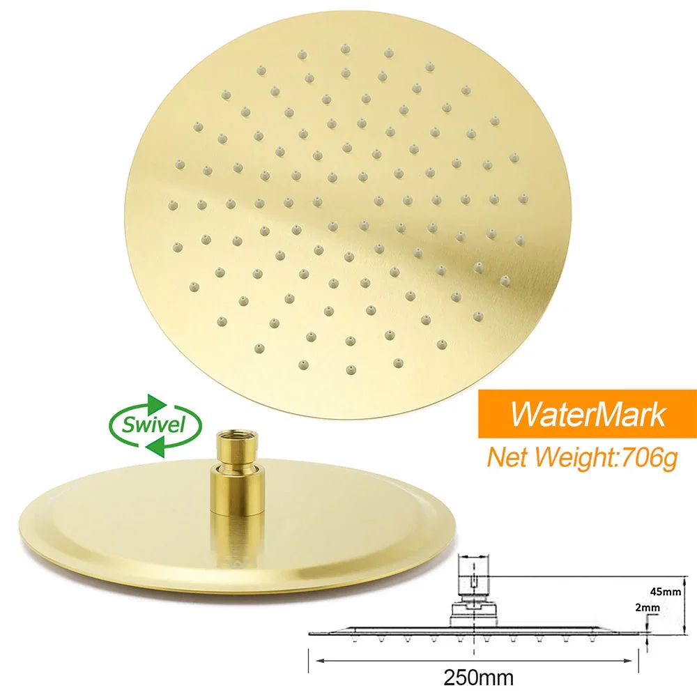 WELS 10" Round Stainless Steel Shower Head Extension Ceiling Arm Set Brushed Gold - Image 4