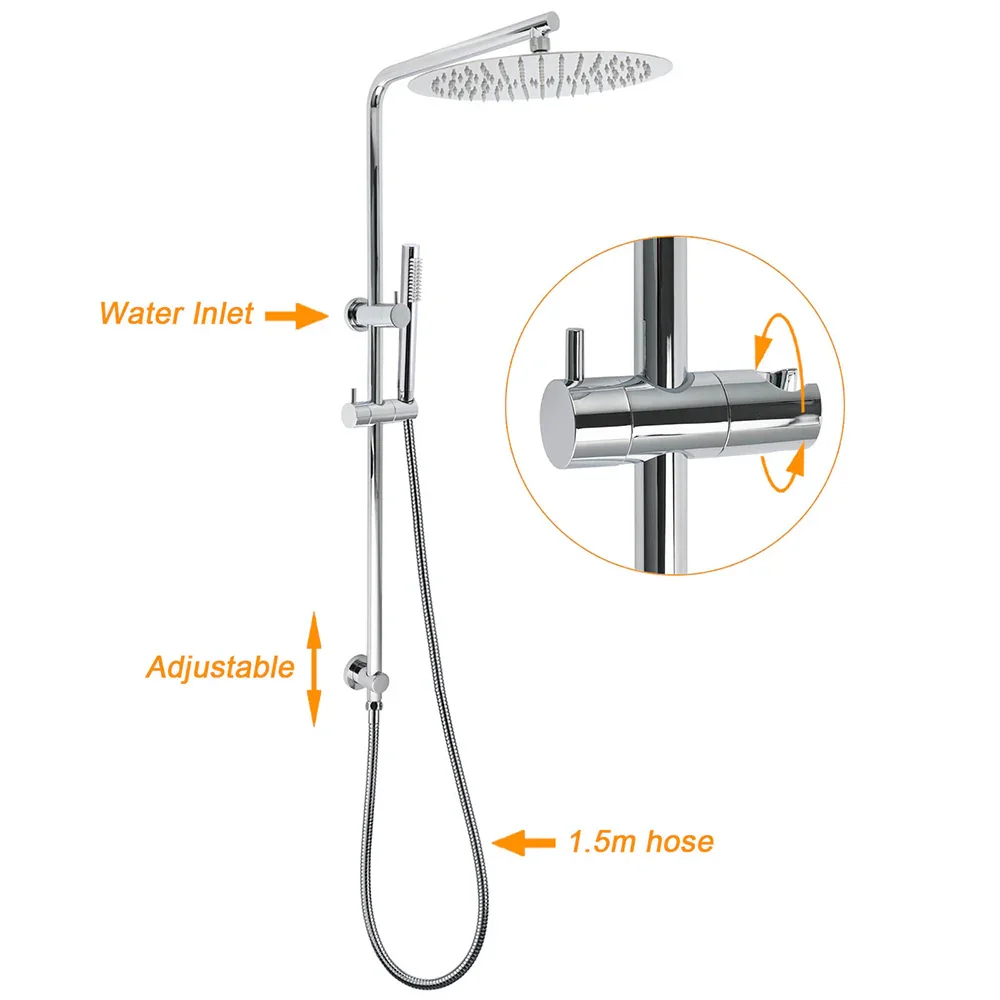 WELS 12" Rainfall + Brass Handheld Twin Shower Heads Rail Diverter Arm Round Mixer Set - Image 2