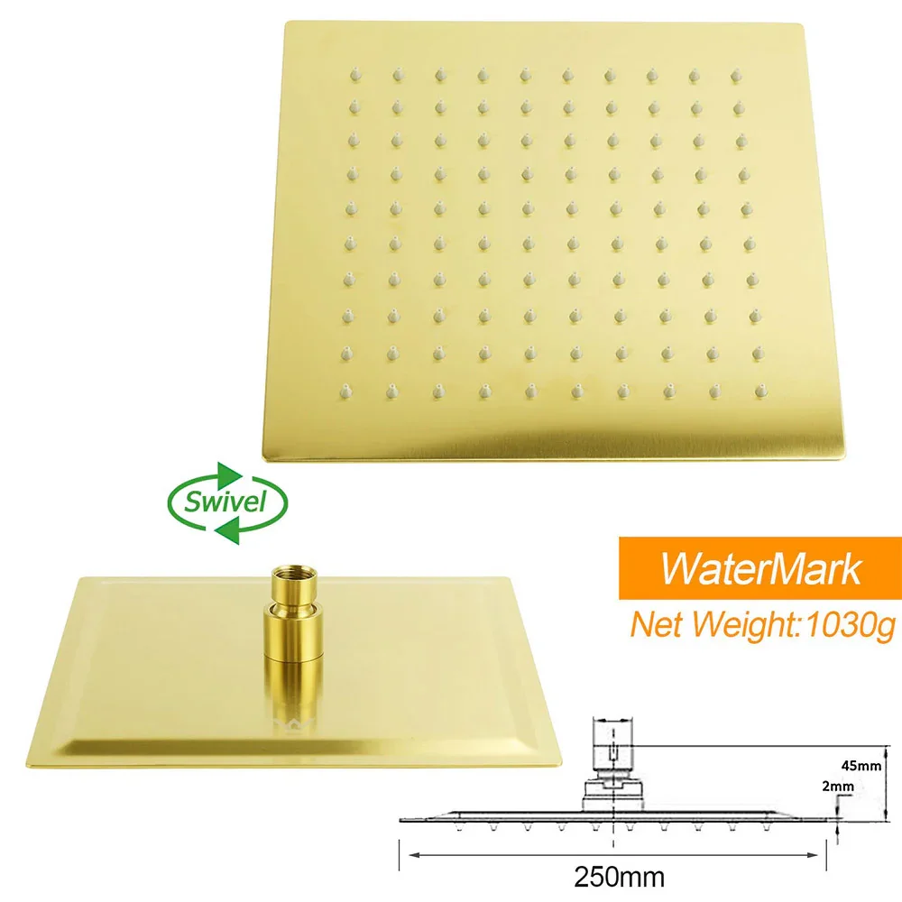 WELS Brushed Gold 10" Square SUS Shower Head + Brass Gooseneck Wall Arm Set - Image 4