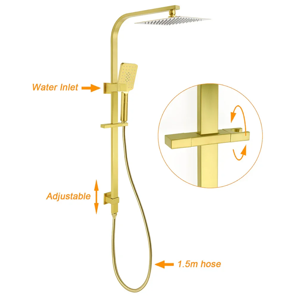 WELS Brushed Gold 2in1 Set 8" Square Rain Shower Head 3 Modes Handheld Silde Rail Arm + Mixer - Image 2