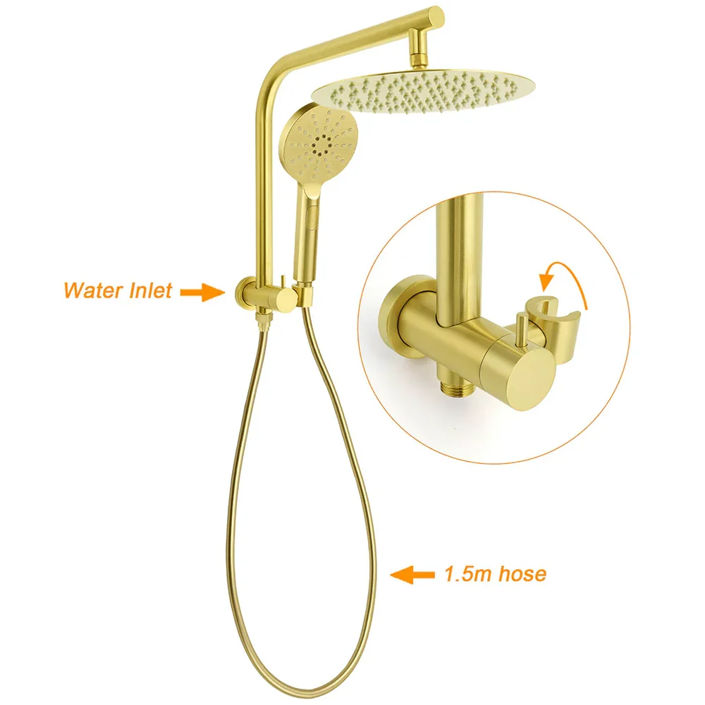 WELS Brushed Gold 2in1 Set Round Large 12" Rain Shower Head 3 Mode Handheld Wall Arm Small Face Mixer - Image 2