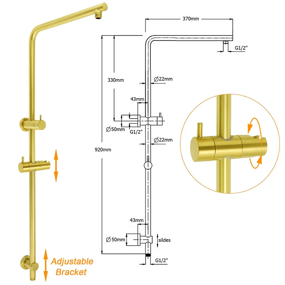 WELS Brushed Gold 2in1 Shower Large Round 12" Rain Head Handheld Silde Wall Rail Arm - Image 3