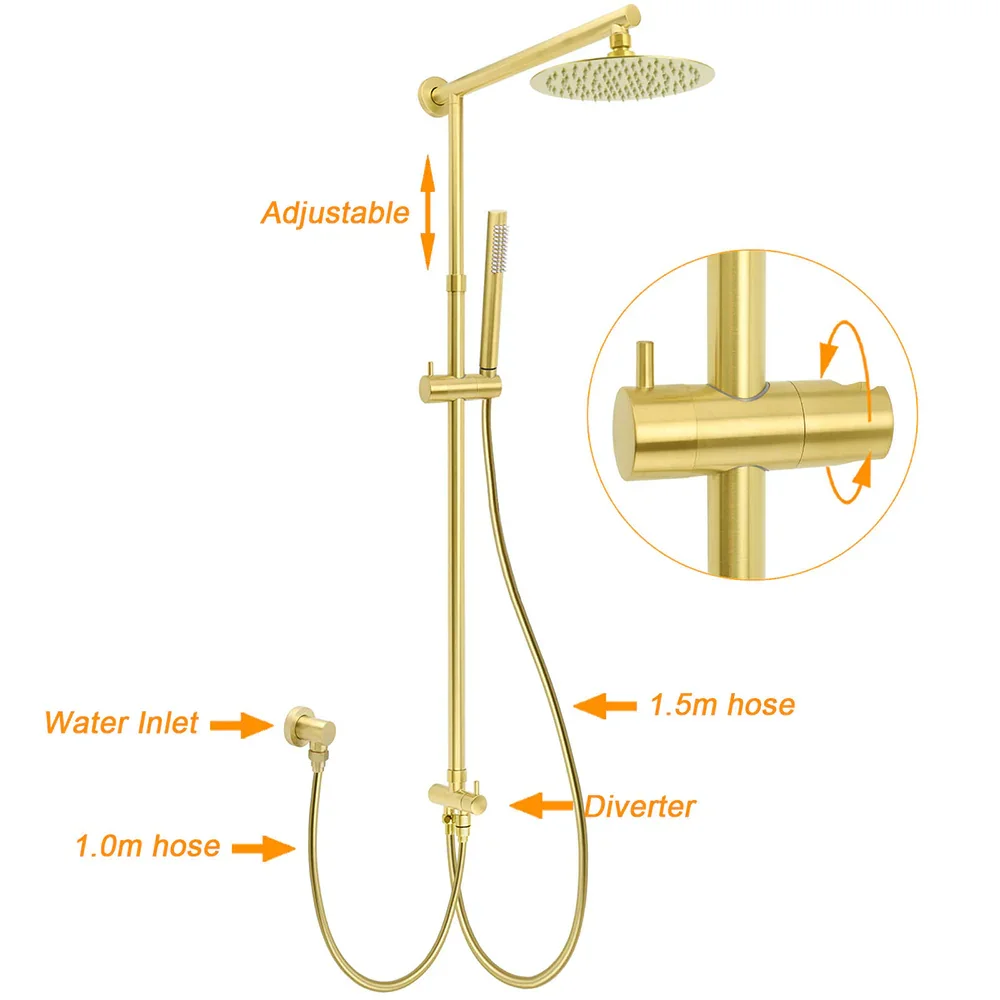 WELS Brushed Gold 2in1 Shower Set 8" Round Head Metal Handheld Rose Sliding Rail Mixer Valve - Image 2