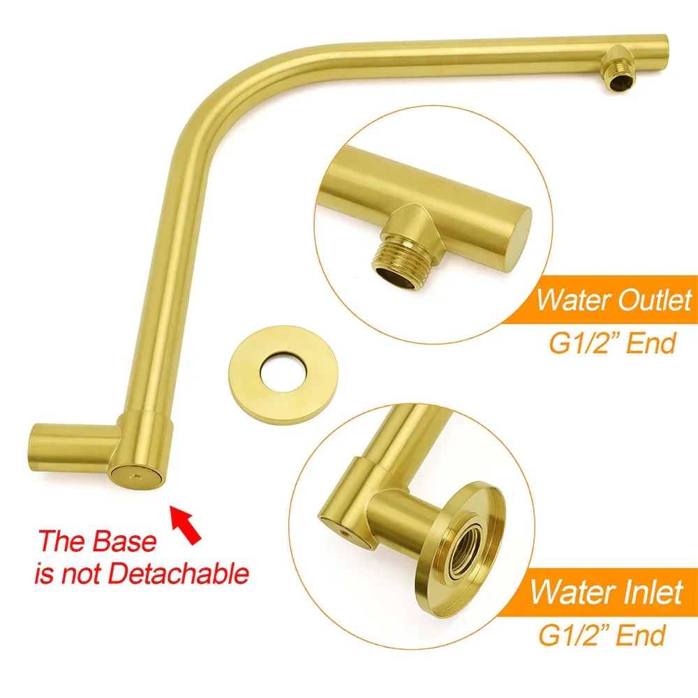 WELS Brushed Gold 8" Round Shower Head Brass 360º Swivel Gooseneck Wall Arm Set - Image 3