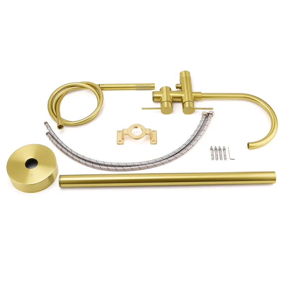WELS Brushed Gold Bath Tub Mixer Tap Free Standing Faucet Spout Handheld Shower - Image 7