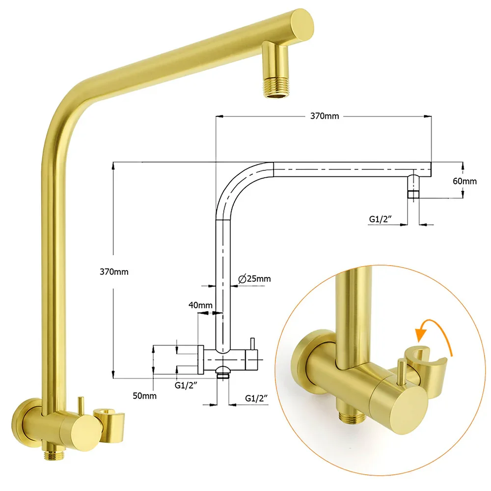WELS Brushed Gold Large 12" Rain Shower Head Ergonomic Handheld Rose Diverter Twin Taps Combo - Image 3