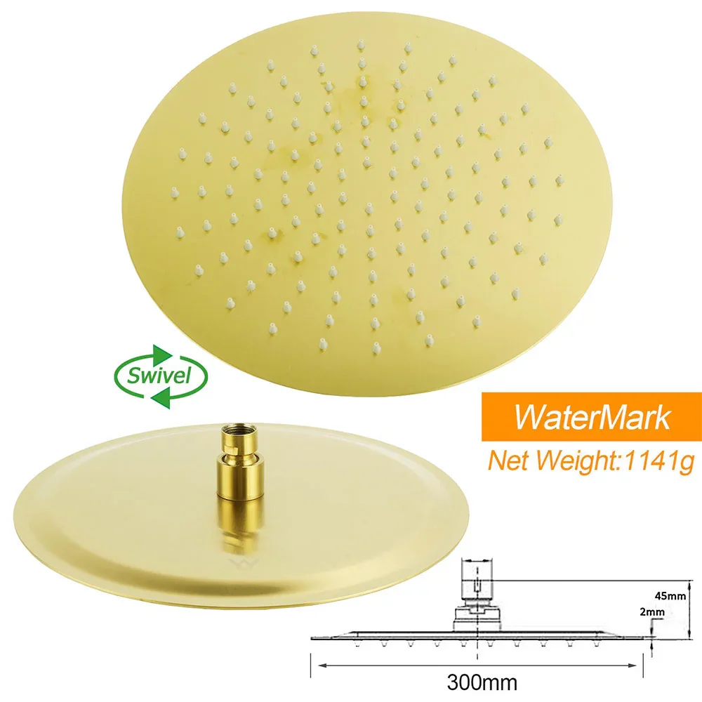 WELS Brushed Gold Large 12" Rain Shower Head Ergonomic Handheld Rose Diverter Twin Taps Combo - Image 6