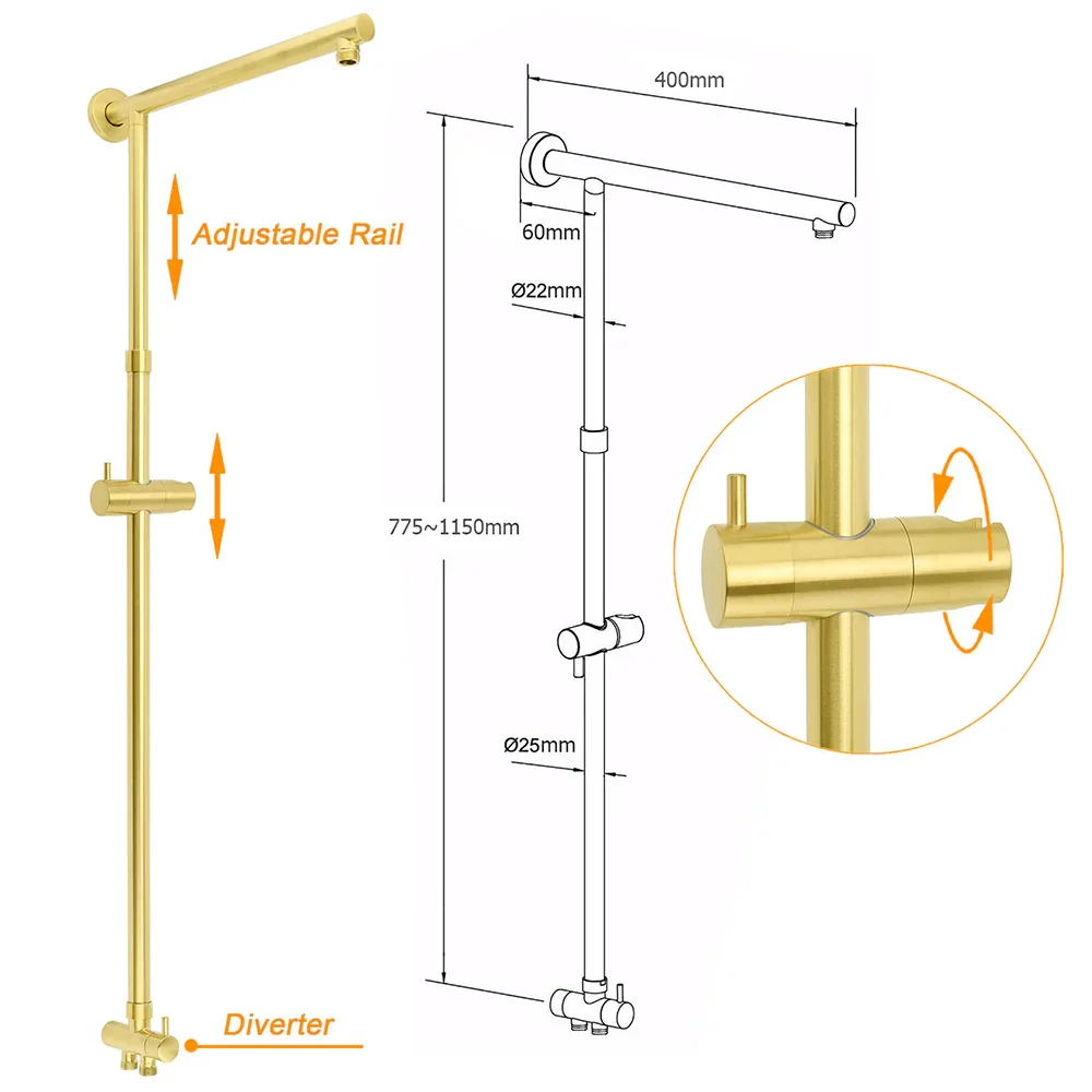 WELS Brushed Gold Rain Shower 12" Head 3 Mode Handheld Rose Sliding Rail Round Taps Set - Image 3