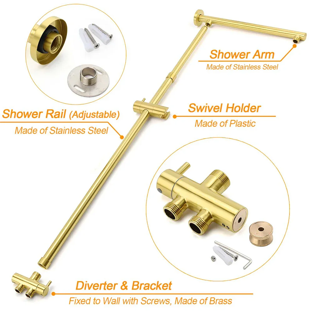WELS Brushed Gold Rain Shower 12" Head 3 Mode Handheld Rose Sliding Rail Round Taps Set - Image 4