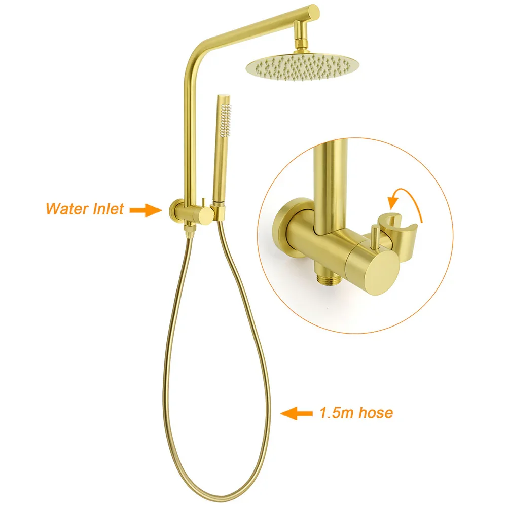 WELS Brushed Gold Round Dual Shower Head Set Diverter Wall Arm Single Mode Handheld Small Face Mixer - Image 2