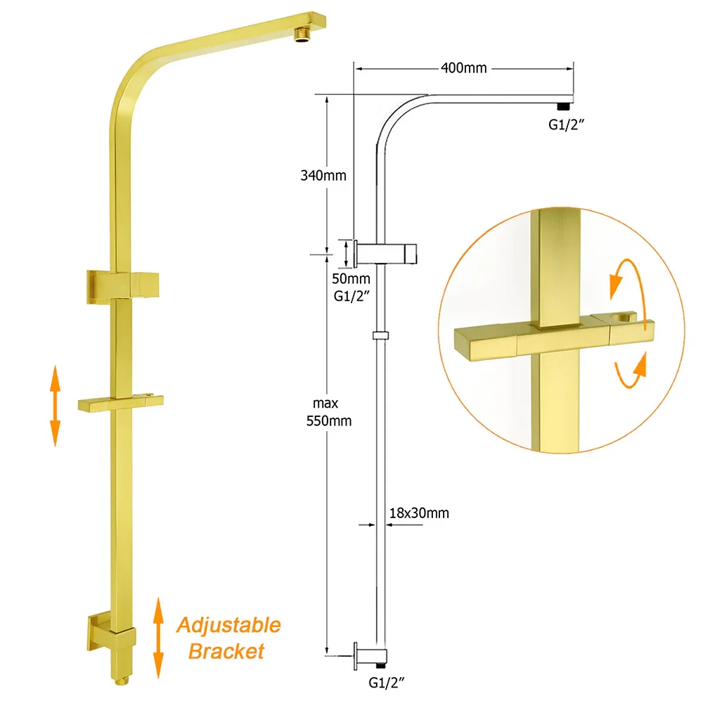 WELS Brushed Gold Square Shower 10" Thin Rain Head Handheld Silde Rail Arm 2in1 Taps Set - Image 3