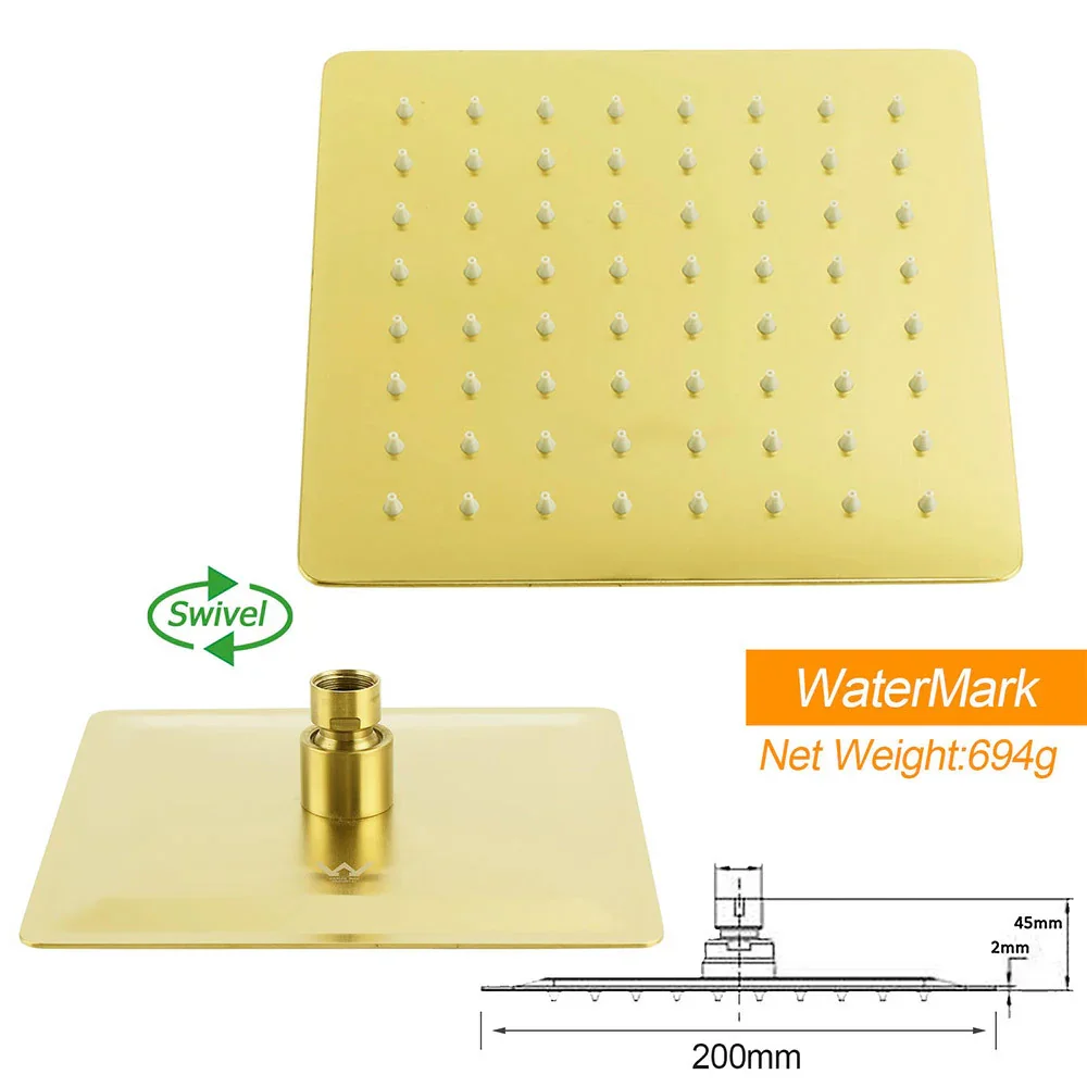 WELS Brushed Gold Twin Shower 8" Rain Head Handheld Diverter Wall Arm Square - Image 6