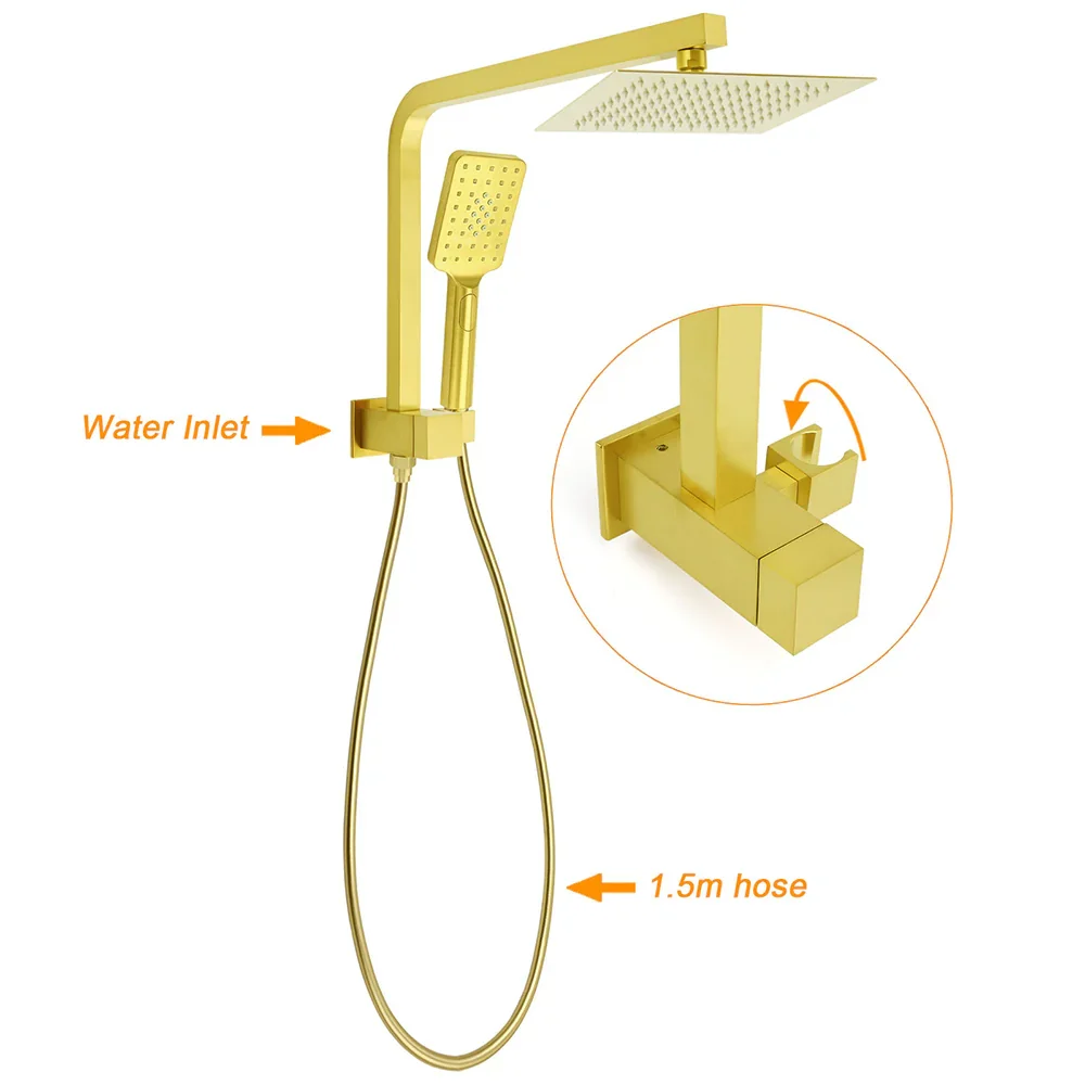 WELS Brushed Gold Twin Shower 8" Rain Head Handheld Diverter Wall Arm Square Mixer - Image 2