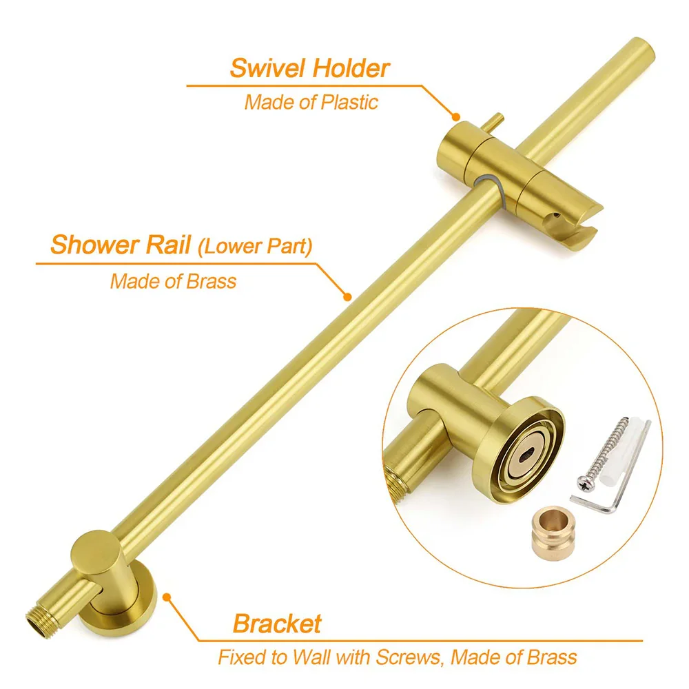 WELS Brushed Gold Twin Shower Large Round 12" Rain Head Handheld Rose Silde Wall Rail Arm Mixer - Image 5