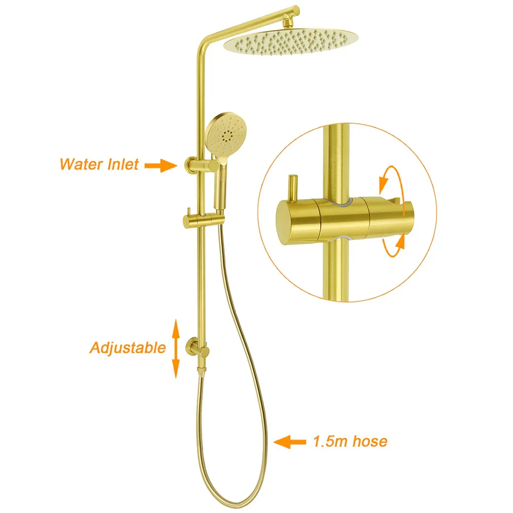 WELS Brushed Gold Twin Shower Large Round 12" Rain Head Handheld Silde Wall Rail Arm Mixer - Image 2