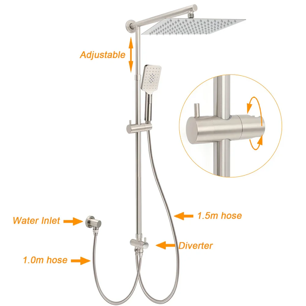 WELS Brushed Nickel 12" Rain Head Shower Square 3 Modes Handheld Sliding Rail Arm Mixer Dual Set - Image 2