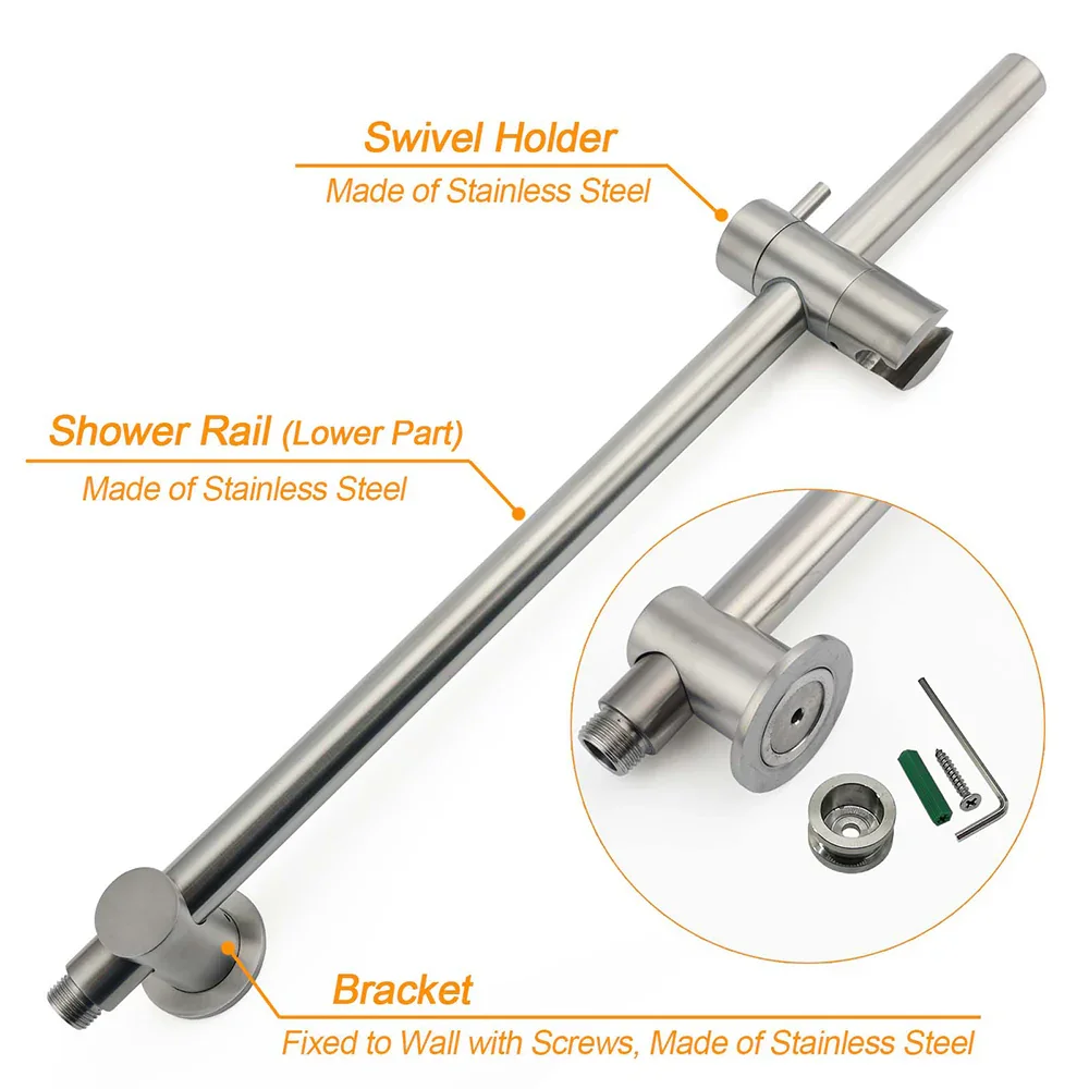 WELS Brushed Nickel Dual Shower Set Sliding Rail Arm 8" Round Head Metal Handheld Wall Mixer - Image 5