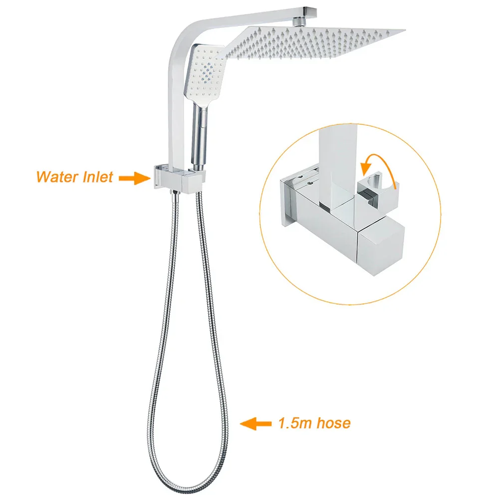 WELS Chrome 2in1 10" Square Rain Shower Head Handheld Spray Diverter Wall Arm Mixer Set - Image 2