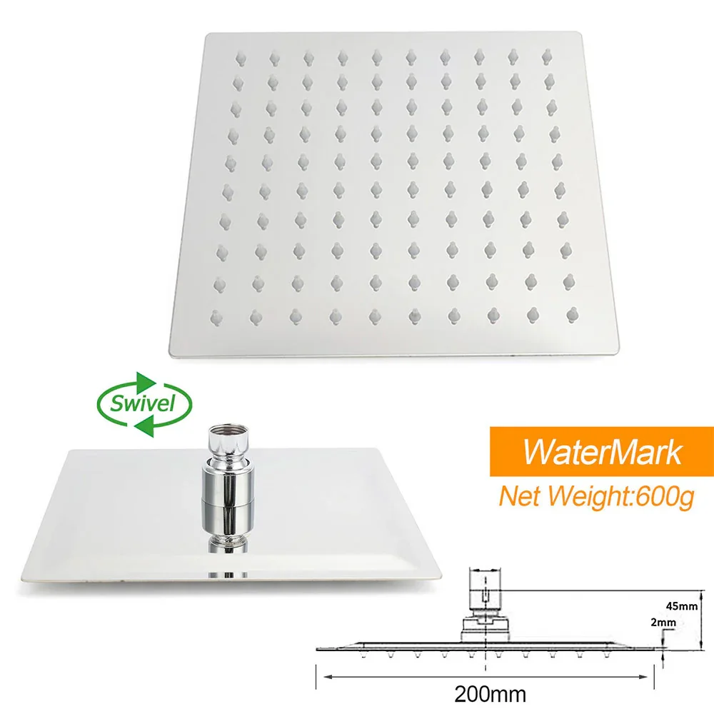 WELS Chrome 8" 200mm SUS Square Rainfall Shower Head Brass Gooseneck Wall Arm Set - Image 4