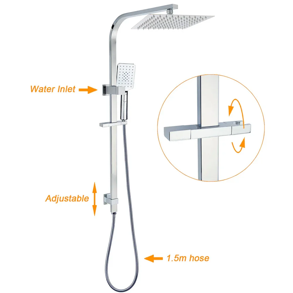 WELS Chrome 8" Dual Square Shower Set Rain Head 3 Modes Handheld Sliding Rail - Image 2