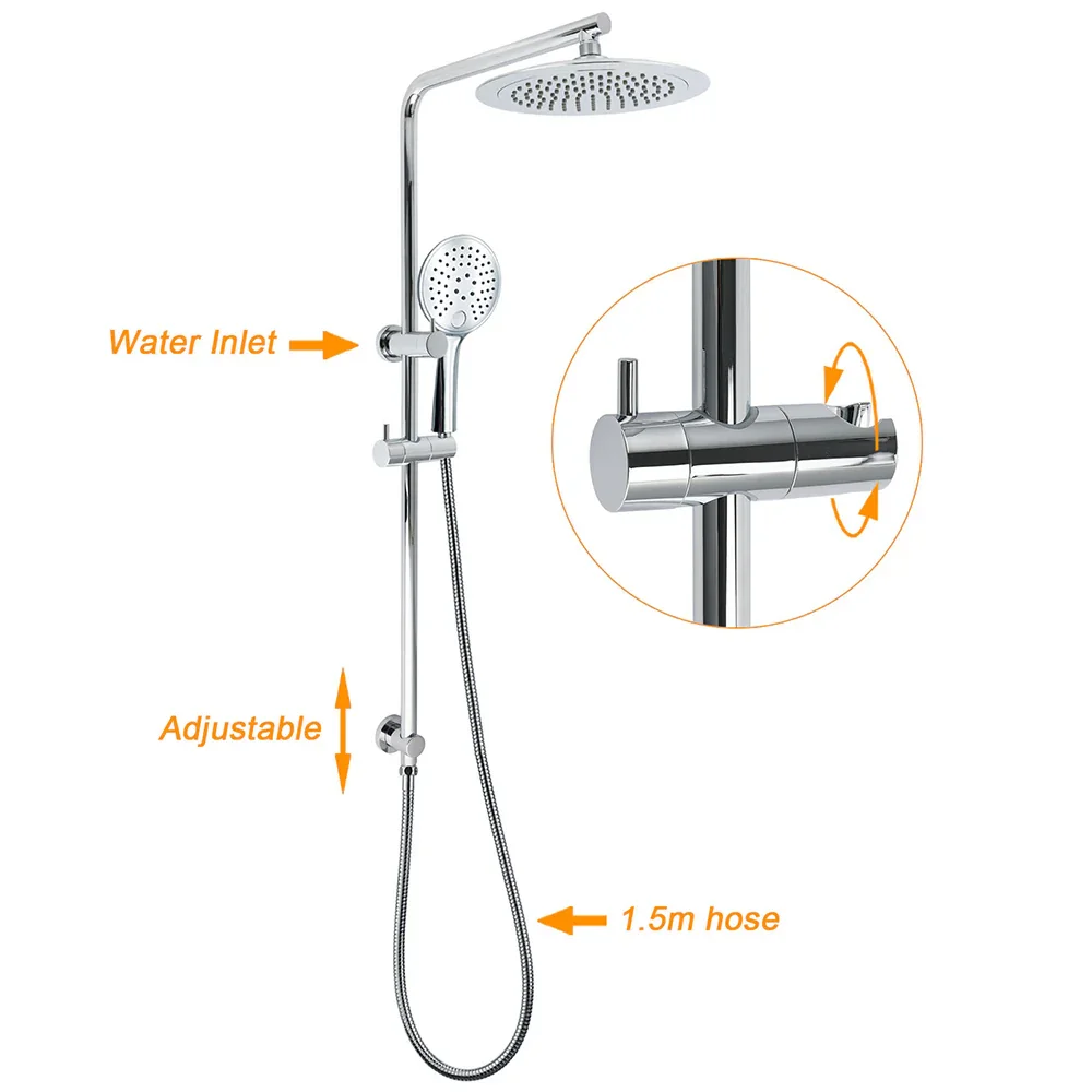 WELS Chrome 9" Plastic Rain Shower Head 3 Modes Handheld Rose Slide Rail Twin Taps - Image 2