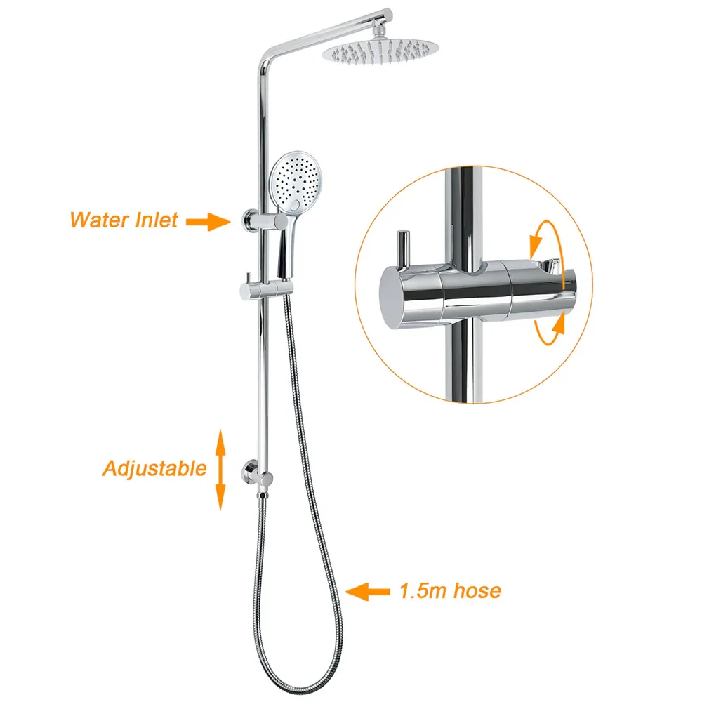 WELS Chrome Double Square 8" Shower Head Set 3 Function Handheld Rail Arm Mixer - Image 2
