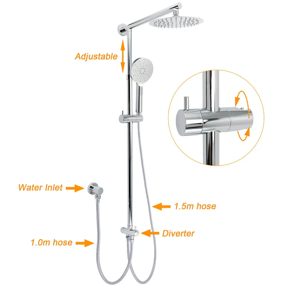 WELS Chrome Round 8" Stainless Steel Rain Head Handheld Sliding Rail Arm 2in1 Shower Set - Image 2