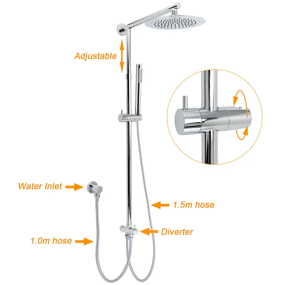 WELS Chrome Round 9" Rainfall Dual Shower Head & Handheld Sliding Rail Wall Arm Twin Taps - Image 2