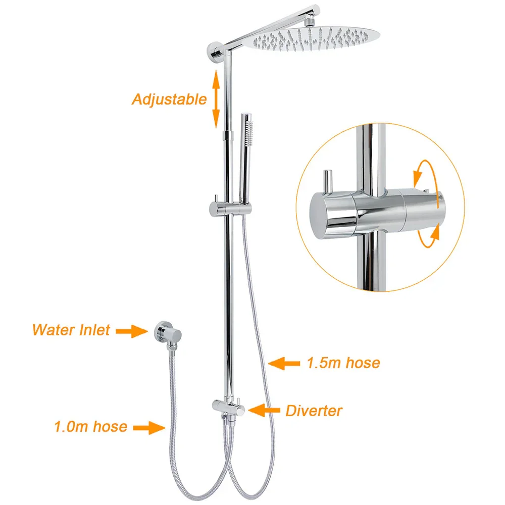 WELS Chrome Round Large 12" Rain Shower Head Single Mode Handheld Wall Arm Rail 2in1 Set - Image 2