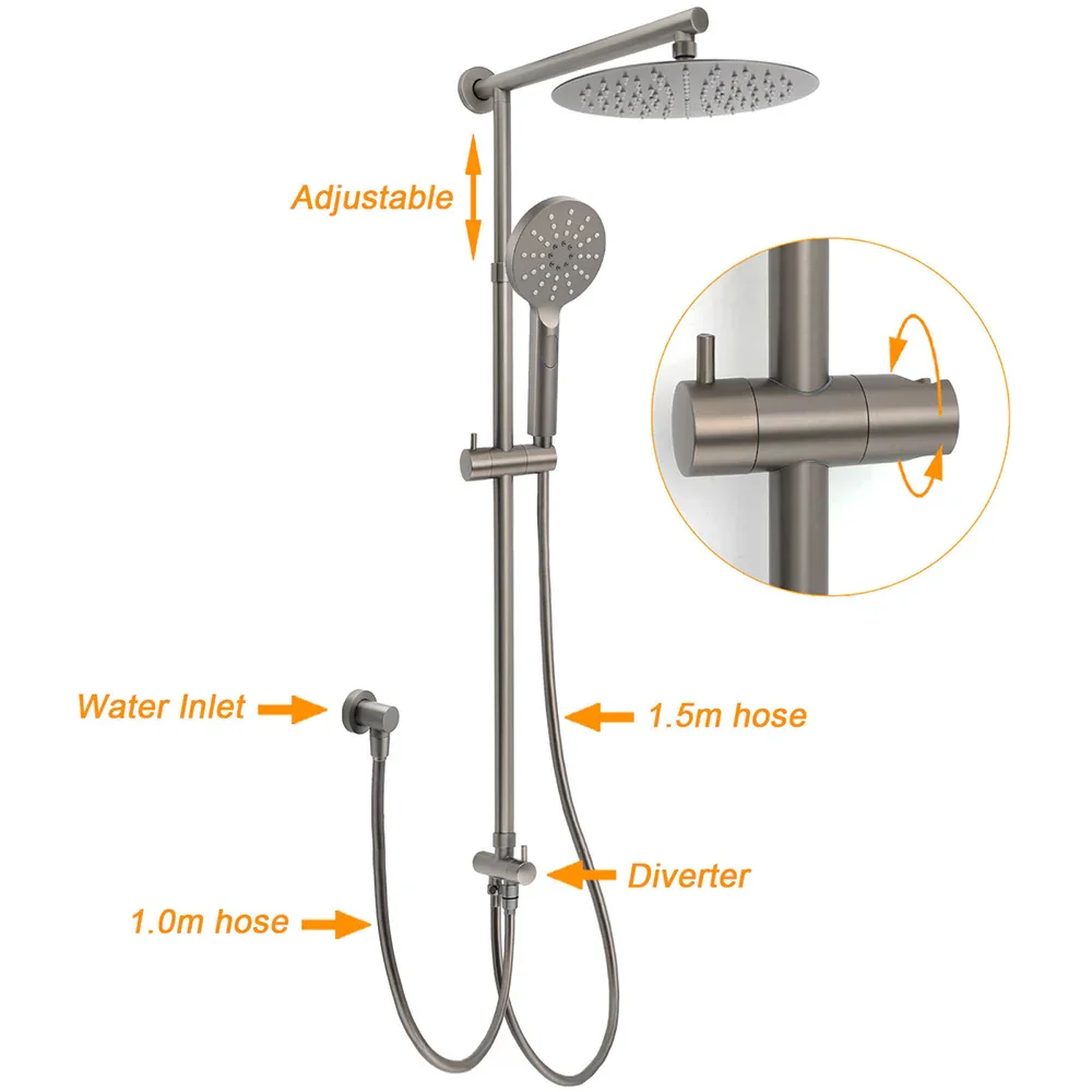 WELS Gun Metal Dual Round Shower 10" Rain Head 3 Mode Handheld Sliding Rail Diverter Set - Image 2