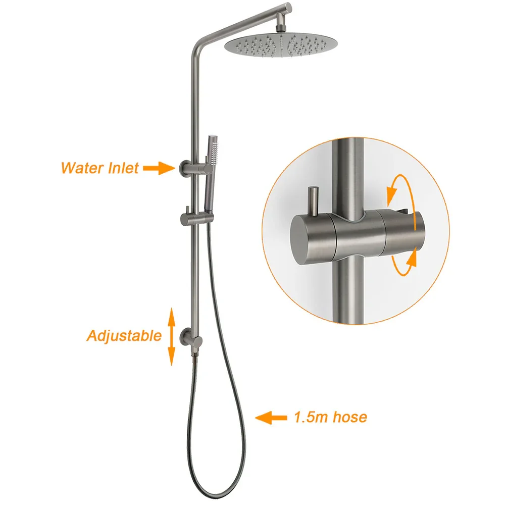 WELS Gun Metal Dual Round Shower Head 10" Rain Head Stainless Steel Handheld Sliding Rail Diverter Set - Image 2