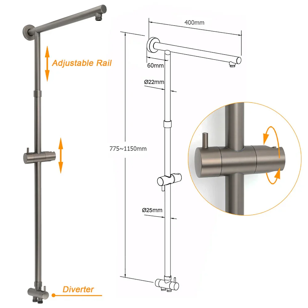 WELS Gun Metal Dual Round Shower Head 10" Rain Head Stainless Steel Handheld Sliding Rail Diverter Set - Image 3