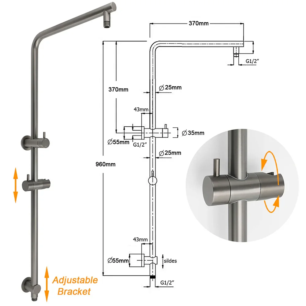 WELS Gunmetal Round 10" Twin Shower Head 3 Modes Handheld Slide Rail Diverter Arm - Image 3