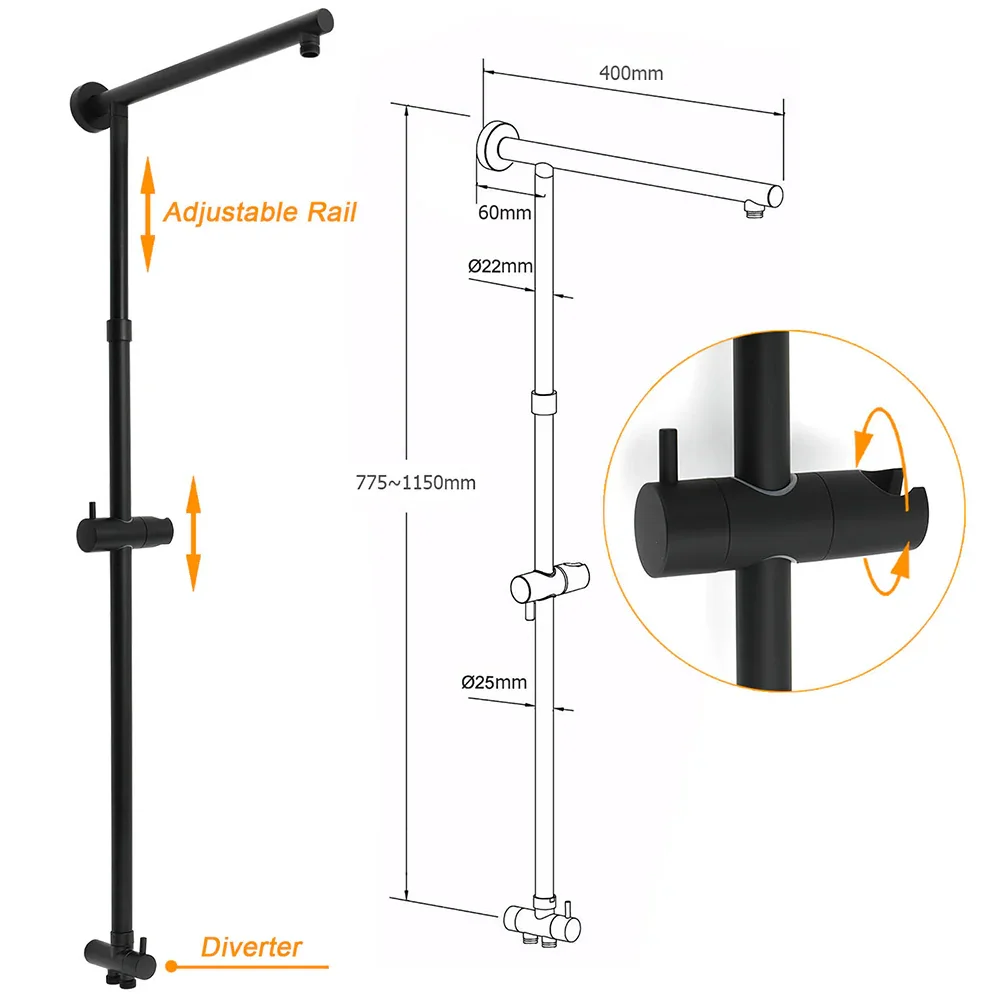 WELS Matt Black 2in1 Shower 8" Round Head Set Sliding Rail Single Mode Handheld + Twin Taps - Image 3
