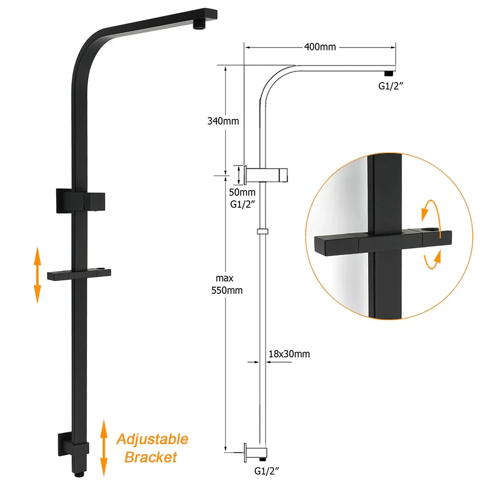 WELS Matt Black 2in1 Shower Set 10" Square Rain Head Handheld Silde Rail Arm Twin Taps - Image 3